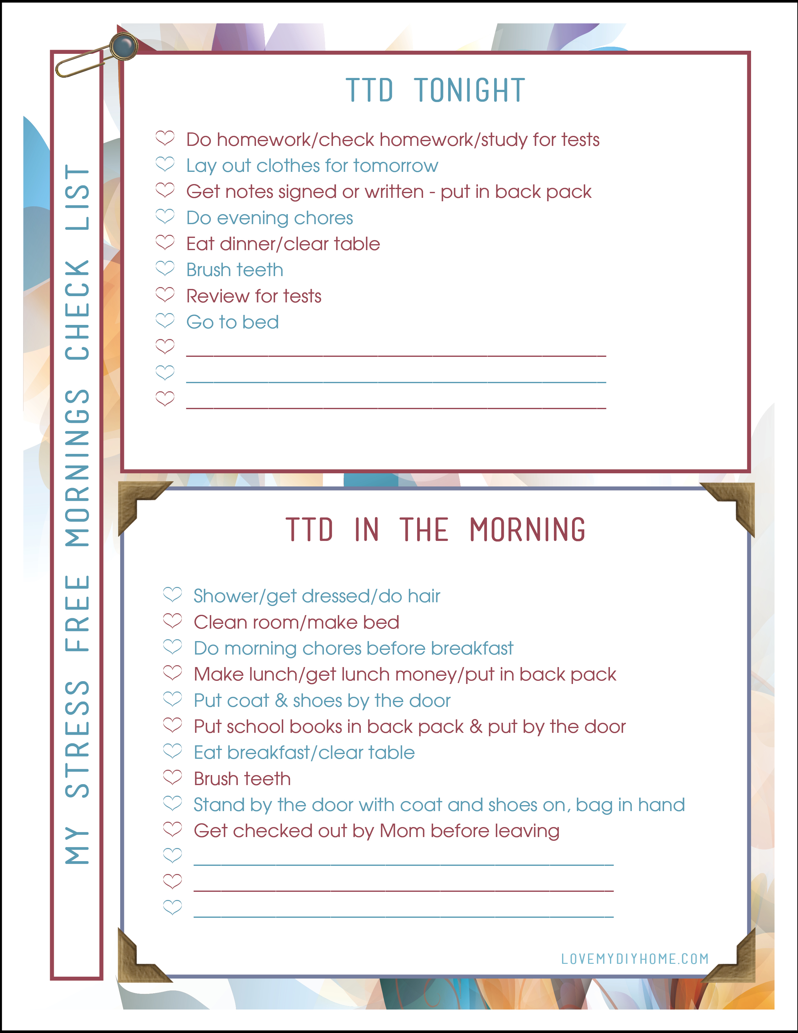 Stress Free Mornings checklist